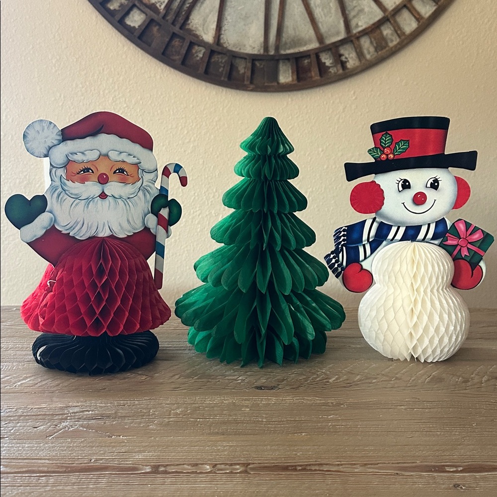 3-Vintage Honeycomb Tissue Centerpieces Santa, Snowman, Christmas Tree